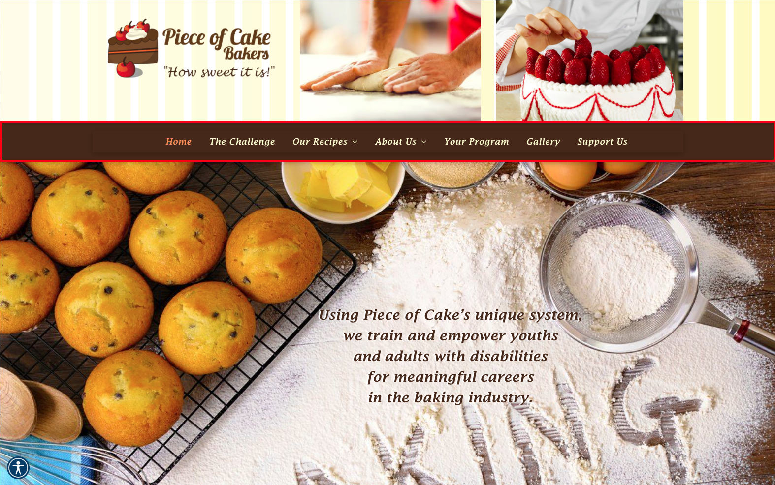 Website homepage with baked goods, including muffins, and the 