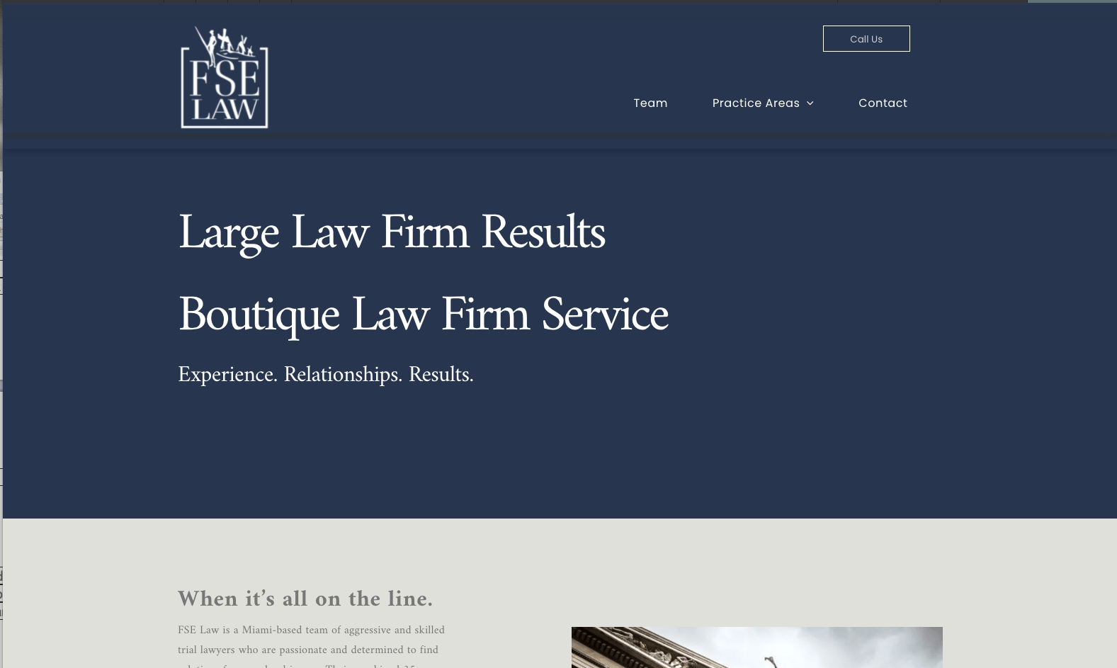 FSE Law website homepage with a navy blue header featuring the firm's logo and tagline, 