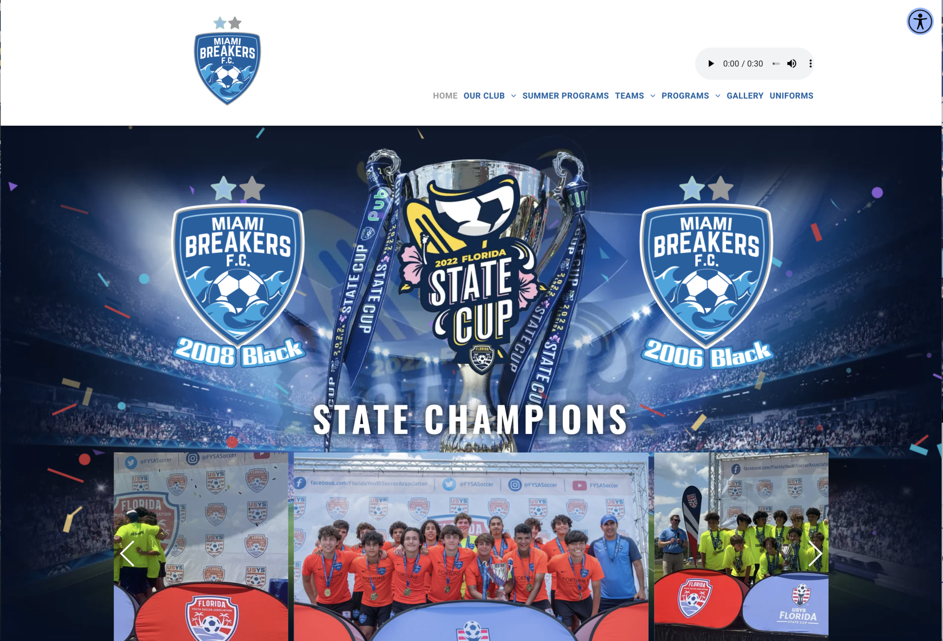 Miami Breakers FC celebrates winning the State Cup. The team in red uniforms holds the trophy, framed by confetti and stadium lights.
