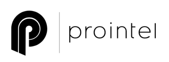 Logo for prointel. Black and white design with a stylized