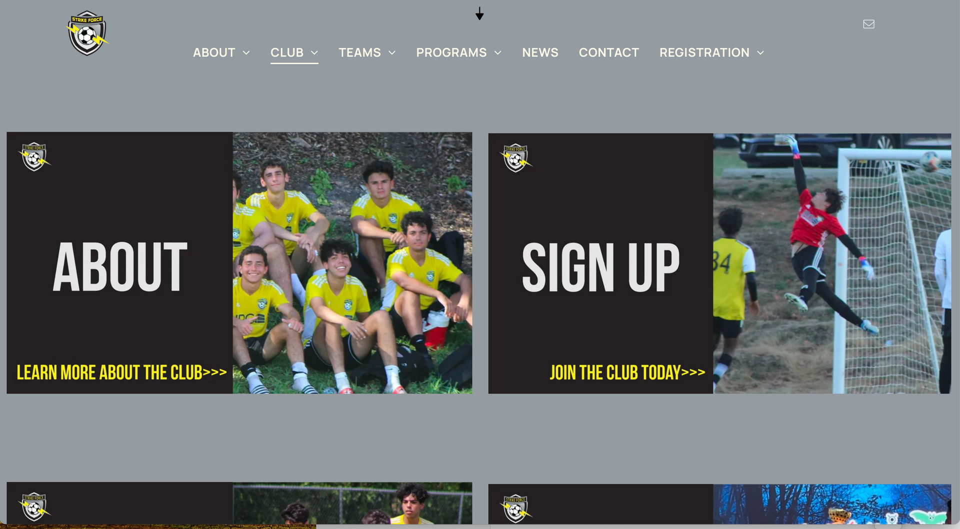 Website homepage with black and yellow design, showcasing 