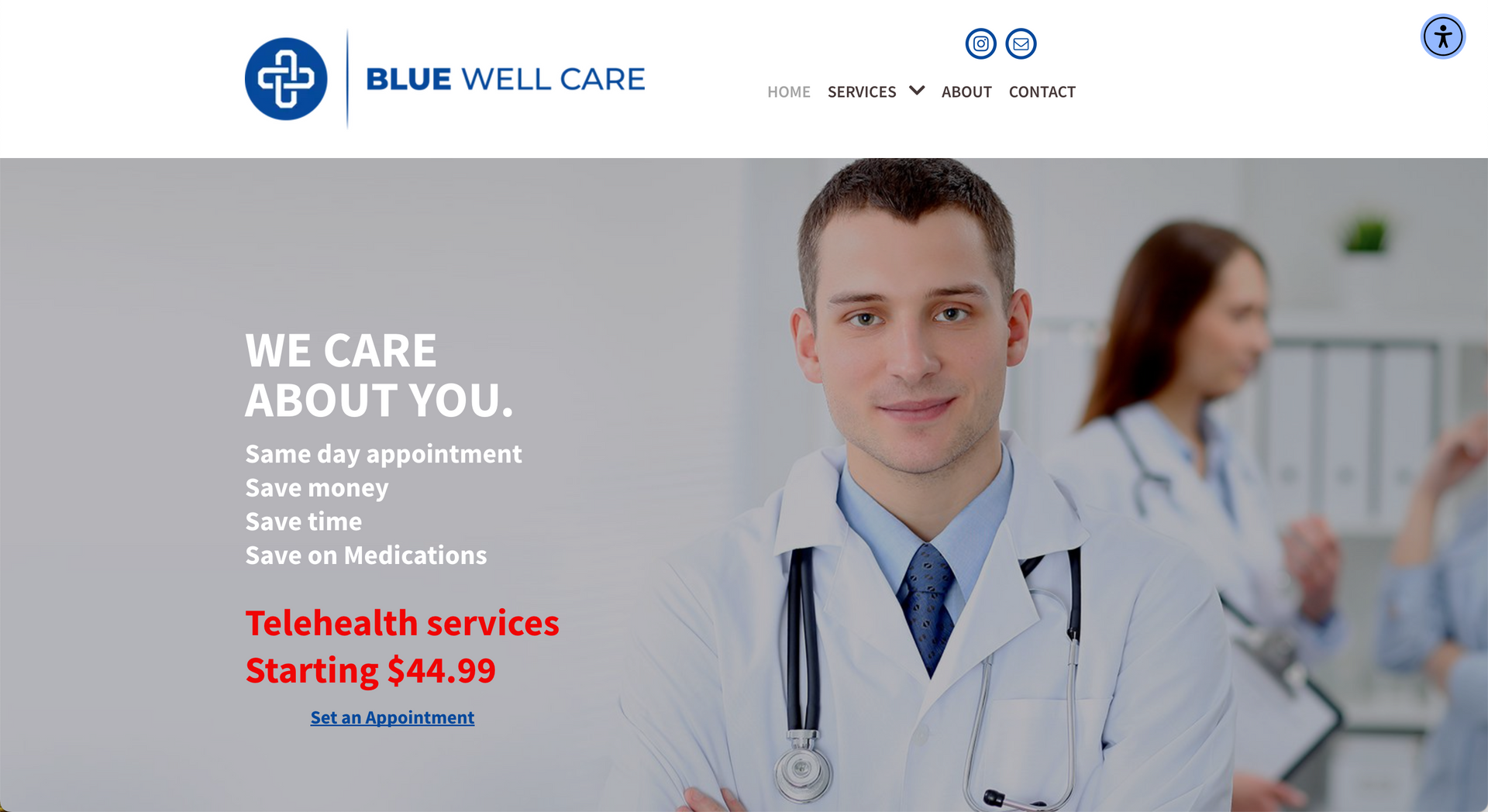 Website for Blue Well Care. A doctor wearing a white coat stands in front of other doctors. Text promoting telehealth services starting at $44.99.