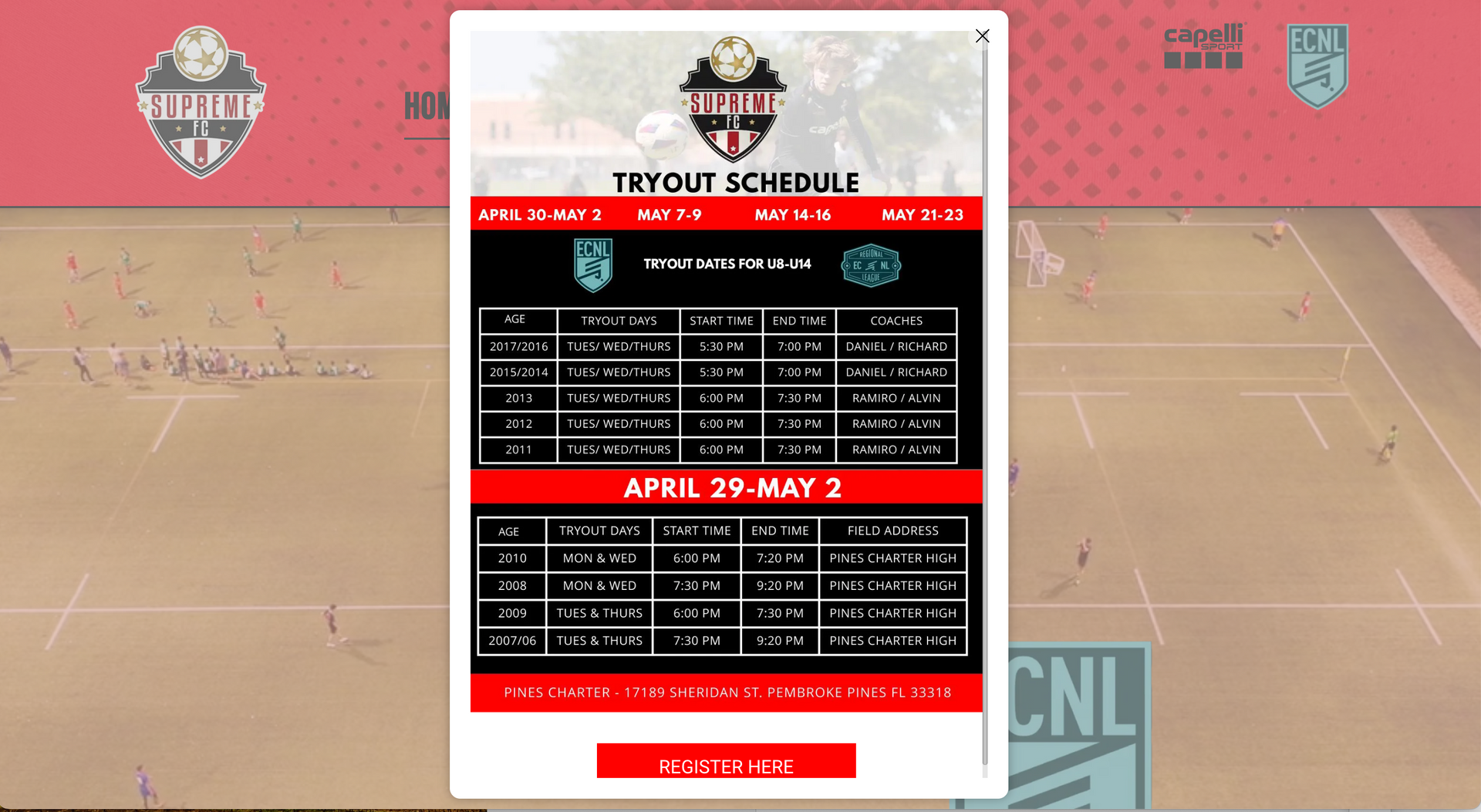 Tournament schedule for the FC Indiana youth soccer club, displayed on a webpage. Red and white color scheme, listing game dates and times.