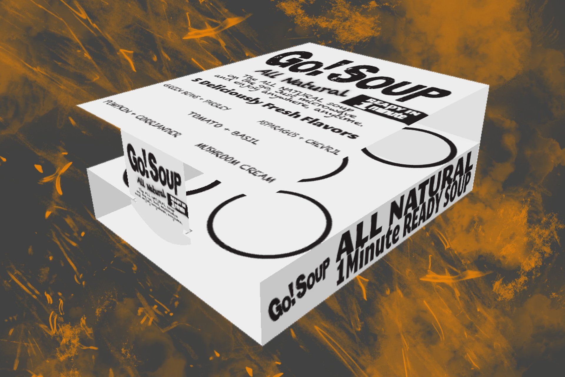 A white Go!Soup box with two circular cutouts, showcasing text and flavor options, set against an abstract orange and black background.