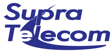 Logo for Supra Telecom, featuring blue text and a stylized wave graphic.