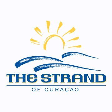 Logo for The Strand of Curaçao: A yellow sun over blue ocean waves; text 
