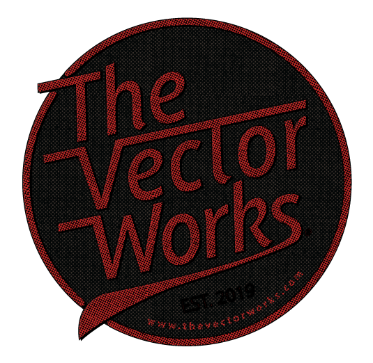 Logo for The Vector Works, a company established in 2019. The design is red text on a textured black circle.