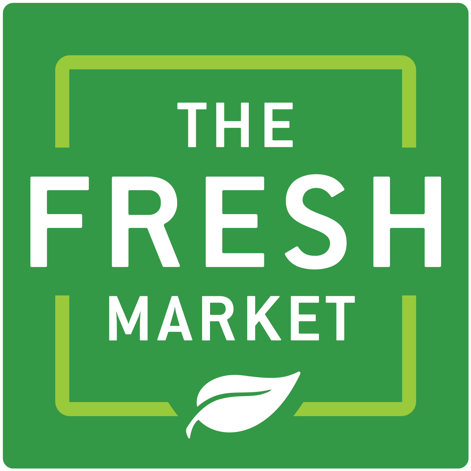 The Fresh Market logo: White text on green square, with a green outline and a leaf at the bottom.