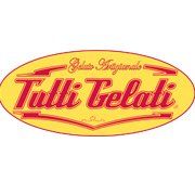 Logo for Tutti Gelati, featuring red text on a yellow oval background, with 
