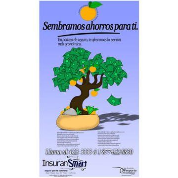 Advertisement for InsuranSmart, with a money tree illustration, orange sun, and Spanish text promoting insurance.