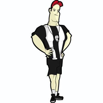 Cartoon referee with a red cap, black and white striped shirt, black shorts, and a whistle around his neck; hands on hips, looking stern.