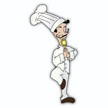 Cartoon chef in white uniform, balancing in a yoga pose, holding a golden spoon, smiling.