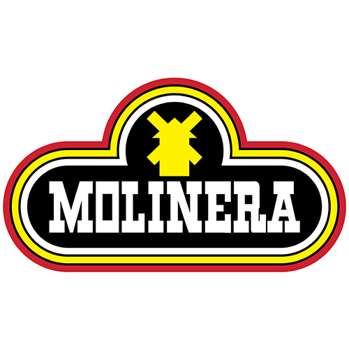 Logo for Molinera, featuring a stylized yellow windmill on a black and yellow label with red border; the word