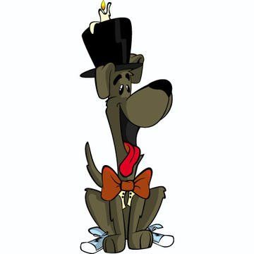 Cartoon dog wearing a top hat with a candle, bow tie, and shoe-like covers, panting happily.