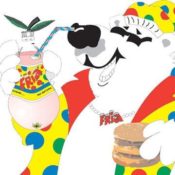 Cheerful polar bear wearing colorful clothing, drinking a pink beverage with a straw, and holding a burger.