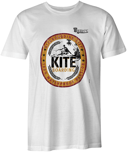 White t-shirt with a circular logo featuring a kiteboarder, text 
