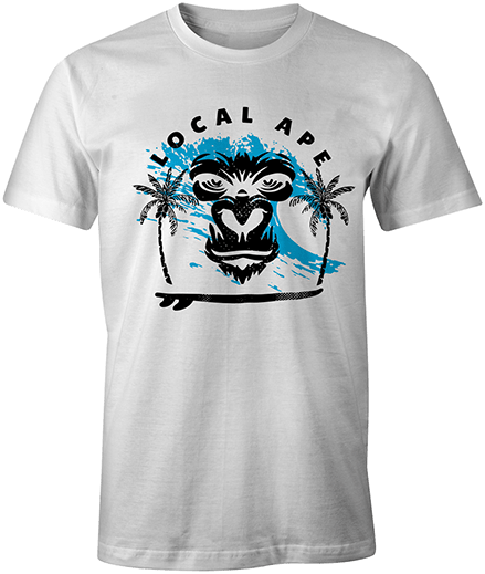 White t-shirt with a black ape graphic, the text 