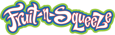 Fruit-n-Squeeze logo in white script with a red outline, set on a blue background with green edges.