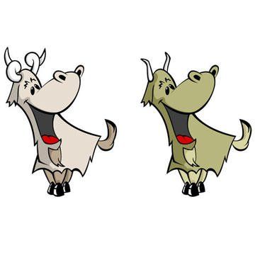 Two cartoon goats with smiling expressions, one tan and one green.