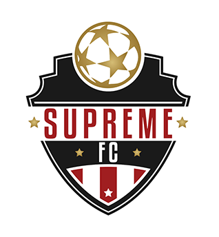 Logo for Supreme FC, a soccer club. Black shield with red text and stars; gold soccer ball.