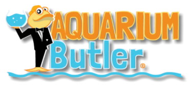 Logo for Aquarium Butler: A frog in a tuxedo holding a bowl of water, above the words