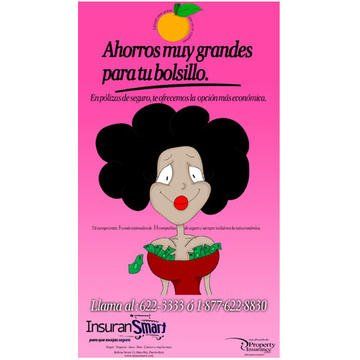 Advertisement for InsuranSmart with cartoon woman, red dress, holding money, and text 