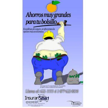 Fat cartoon construction worker with money overflowing from his pockets, holding a hammer. Spanish text promotes 