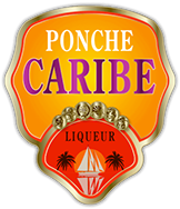 Logo for Ponche Caribe Liqueur, featuring text and a stylized tropical scene of a boat and palm trees.