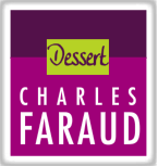 Logo for Charles Faraud Dessert. Purple and white background with text and a green box with