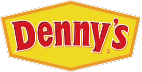 Denny's logo with red text on a yellow hexagonal background.