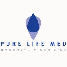 Logo for Pure Life Med: a blue teardrop shape within a lighter blue pointed shape, with the words 