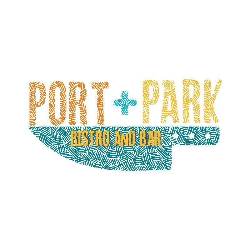 Port & Park Bistro and Bar logo: orange and yellow text over a teal knife shape, with the words 