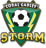Coral Gables Storm soccer team logo with a soccer ball, lightning bolts, and green and yellow colors.