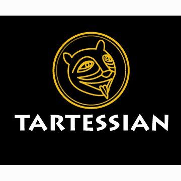 Yellow outline of a stylized feline head inside a circle, above the white word 