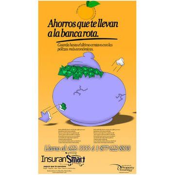 A purple, broken piggy bank overflowing with money, set against a yellow background. Text in Spanish promotes 