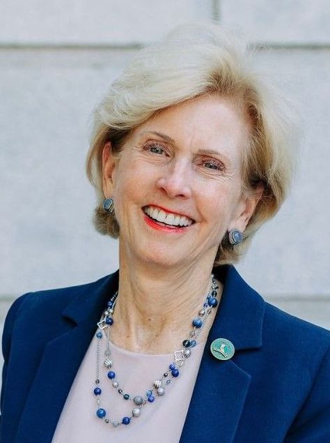 A woman wearing a blue jacket and a necklace is smiling for the camera. Diane Dixon