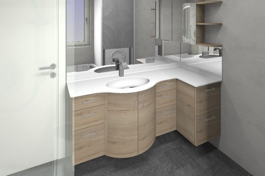 Ein moderner Badezimmerwaschtisch mit geschwungener Front