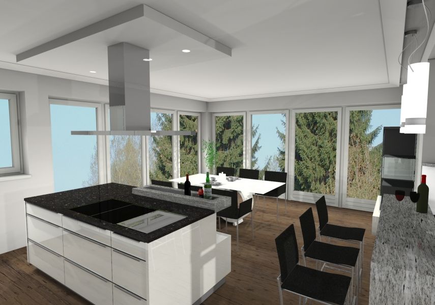 Eine moderne Küche mit einer Kücheninsel aus schwarzem Granit