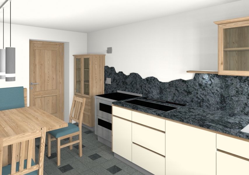 Eine Küche mit hellen Holzmöbeln, cremefarbenen Schränken und einem strukturierten, dunkelgrauen Fliesenspiegel und Boden.