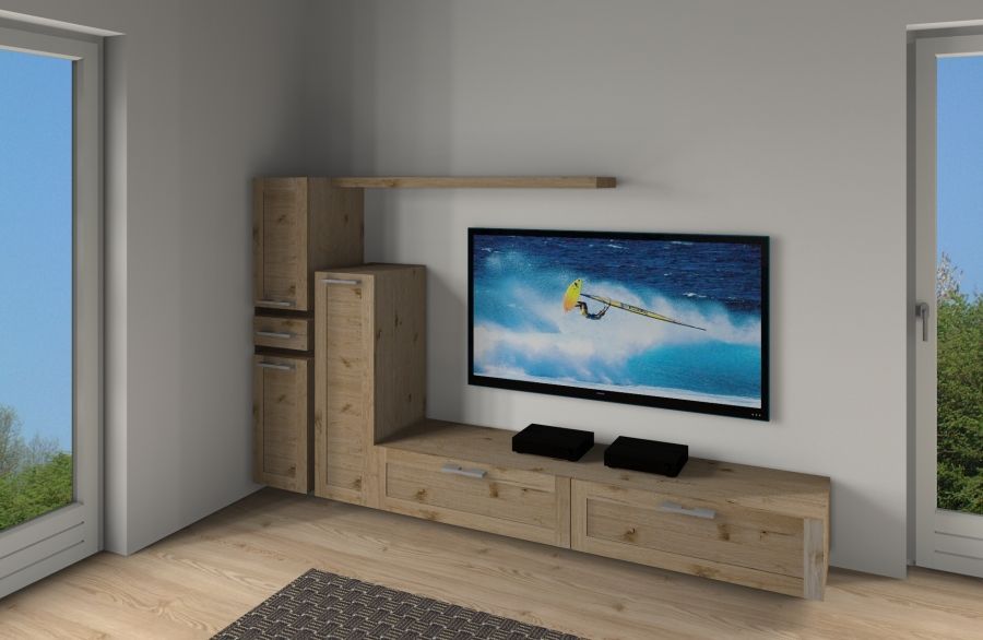 Moderne, wandmontierte Unterhaltungseinheit aus hellem Holz mit Fernseher in einem Zimmer mit zwei großen Fenstern.