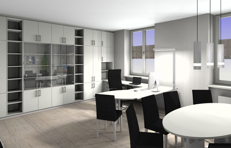 Modernes Büro mit weißen Schränken