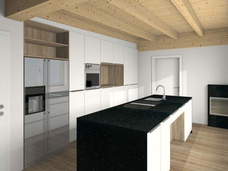 Eine moderne Küche mit weißen Schränken, einer schwarzen Kücheninsel, Edelstahlgeräten und Holzbalkendecke.