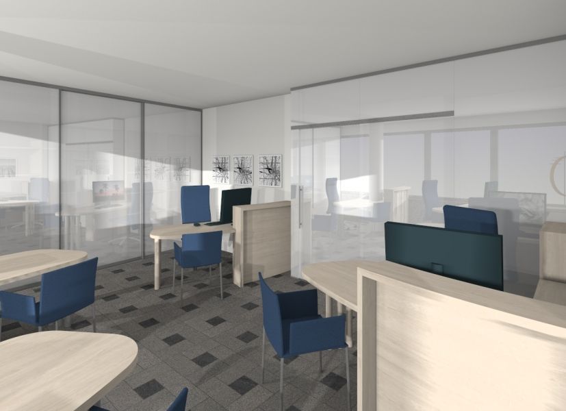 Ein modernes Büro mit hellen Holzschreibtischen