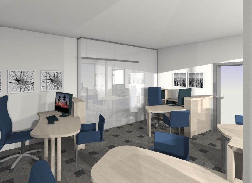 Eine digitale Darstellung eines Büroraums mit mehreren Arbeitsplätzen