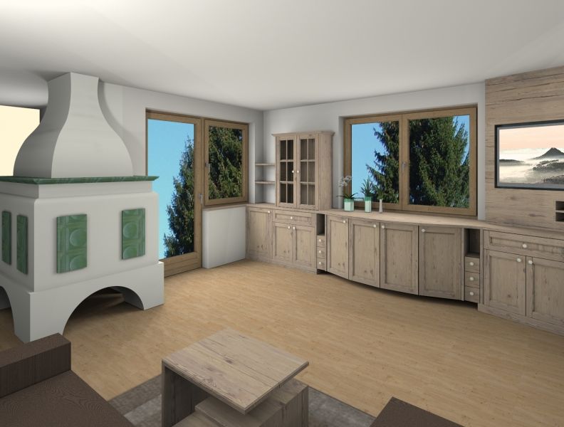 Ein Zimmer mit hellen Holzböden und -möbeln