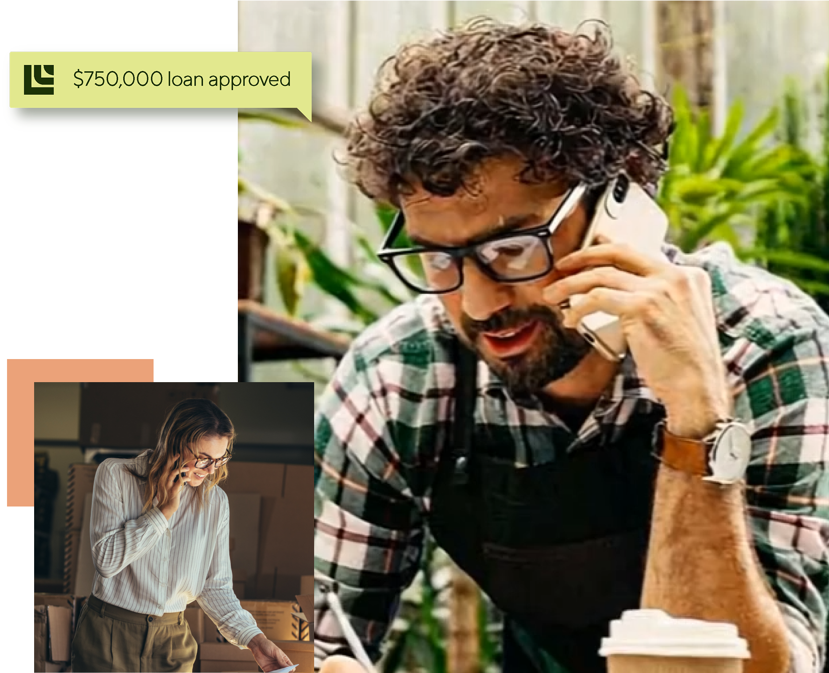 Man with glasses on the phone in a green house. A person is pictured to the left also on the phone.