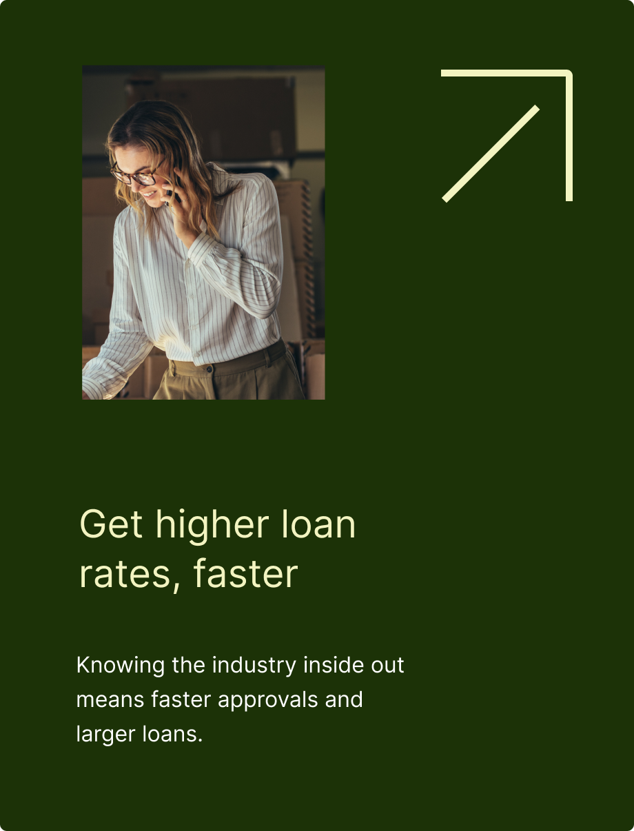 Woman on phone, green background, text: get higher loan rates faster, arrow icon.