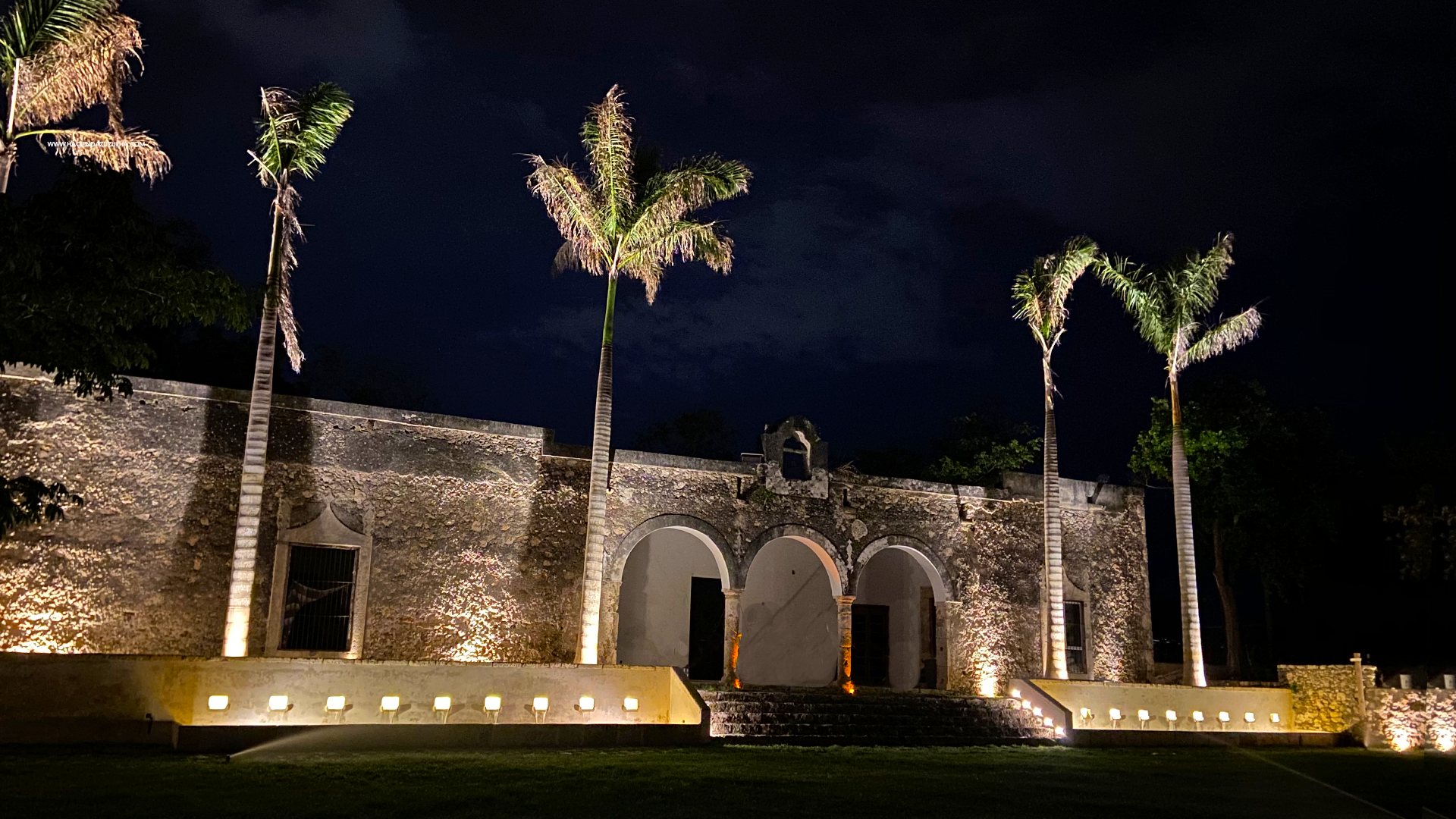 A stone building with palm trees in front of it at night