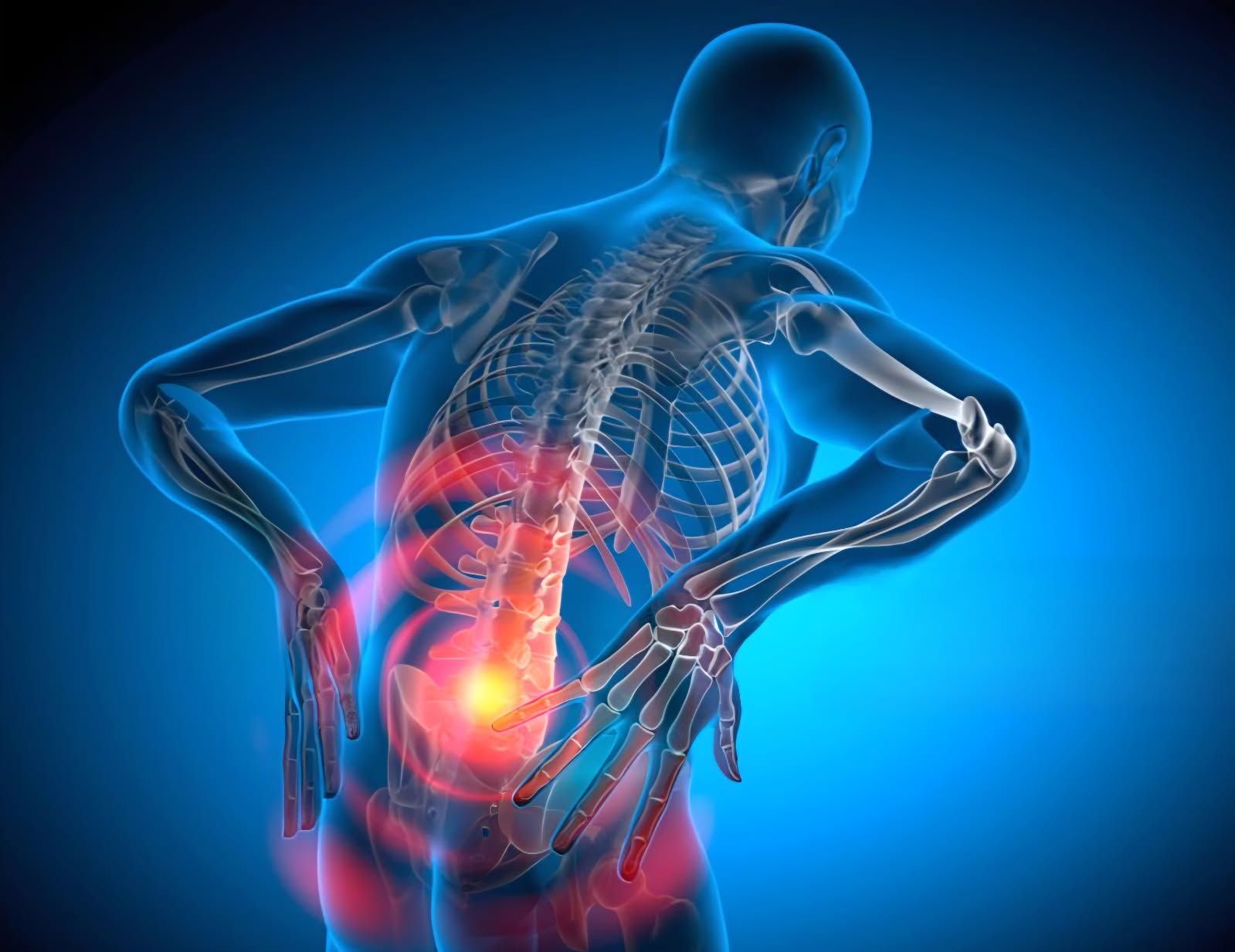 X-ray view of a person with a highlighted back injury, indicated by a red circle.