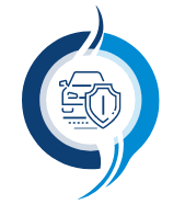 Car and shield inside a blue circle with flowing lines, representing car insurance.